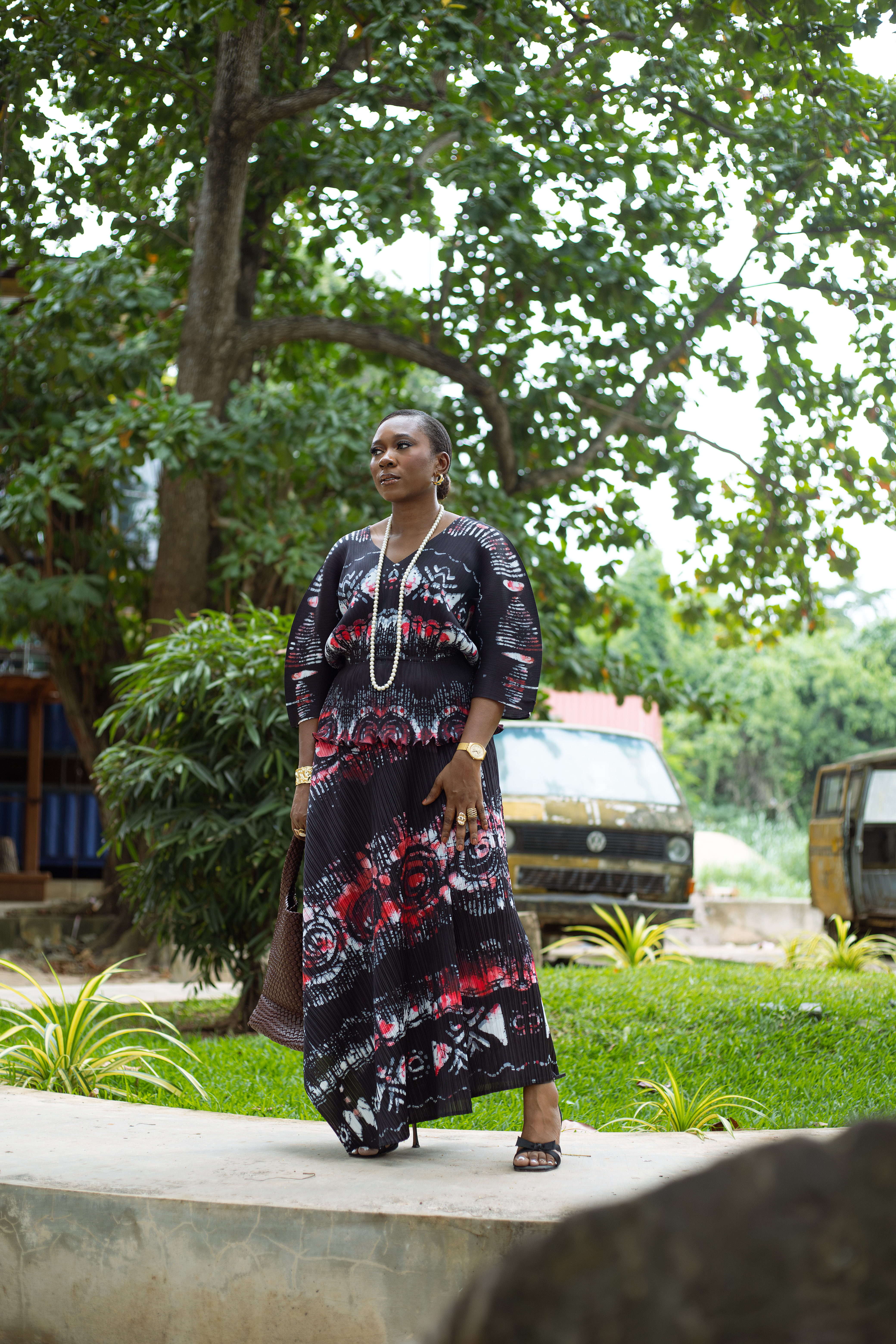 Rhoda Ebun, in MOBOS fashion tie & dye wrap skirt and Bland 2 Glam accessories.