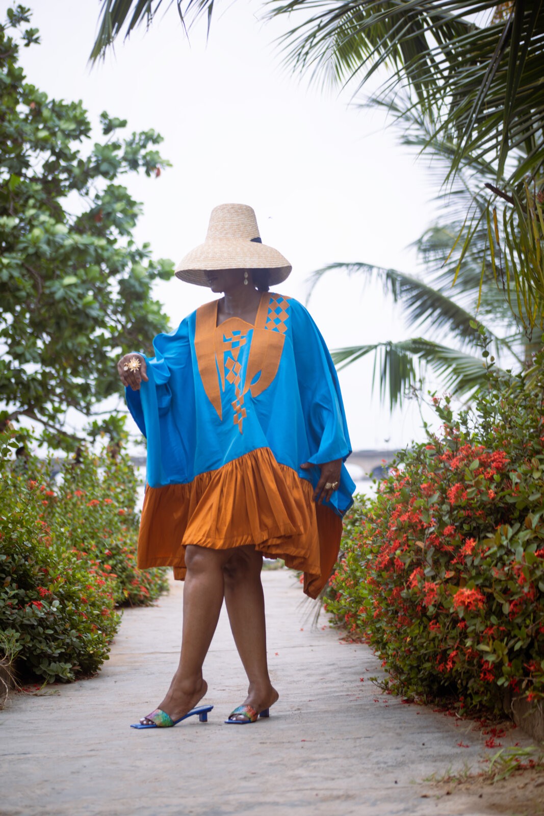 Fashion stylist, Rhoda Ebun, wearing Ako Africa mini kaftan dress and accessories.