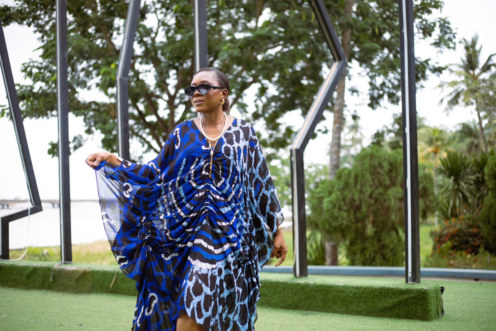 Fashion stylist, Rhoda Ebun, wearing AMEDE kaftan and Bland 2 Glam accessories.