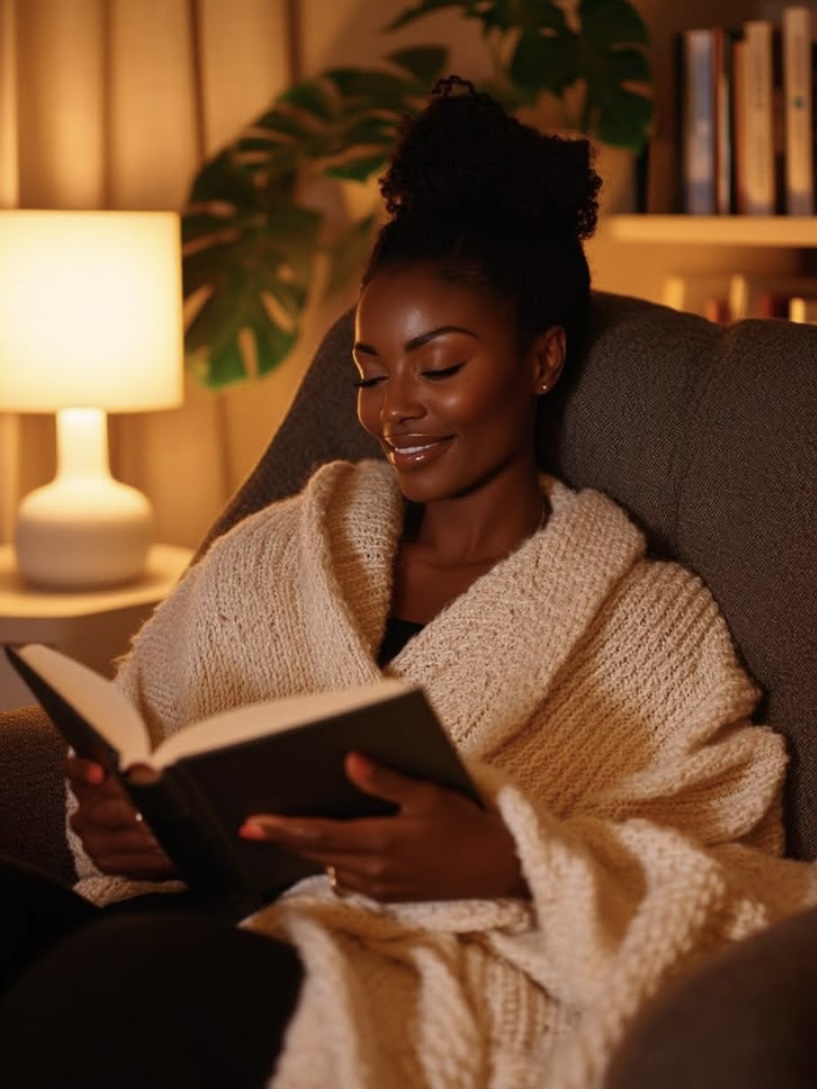 Beauty lessons - A black woman reading a book with a relaxing smile on her face via Pinterest 