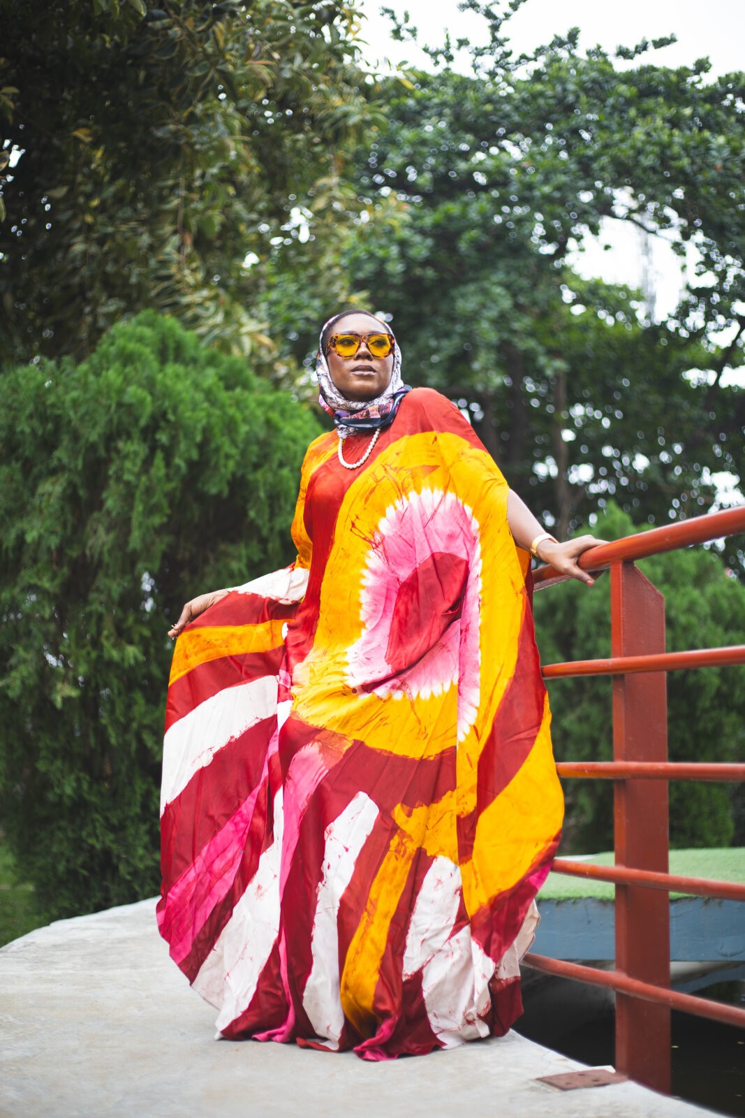 Fashion stylist, Rhoda Ebun, wearing AMEDE kaftan and Bland 2 Glam accessories.