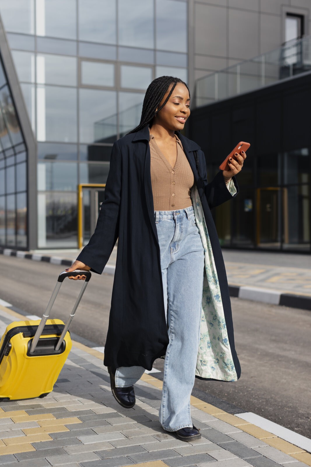 Black woman checking her phone while pulling a travel suitcase via Freepik