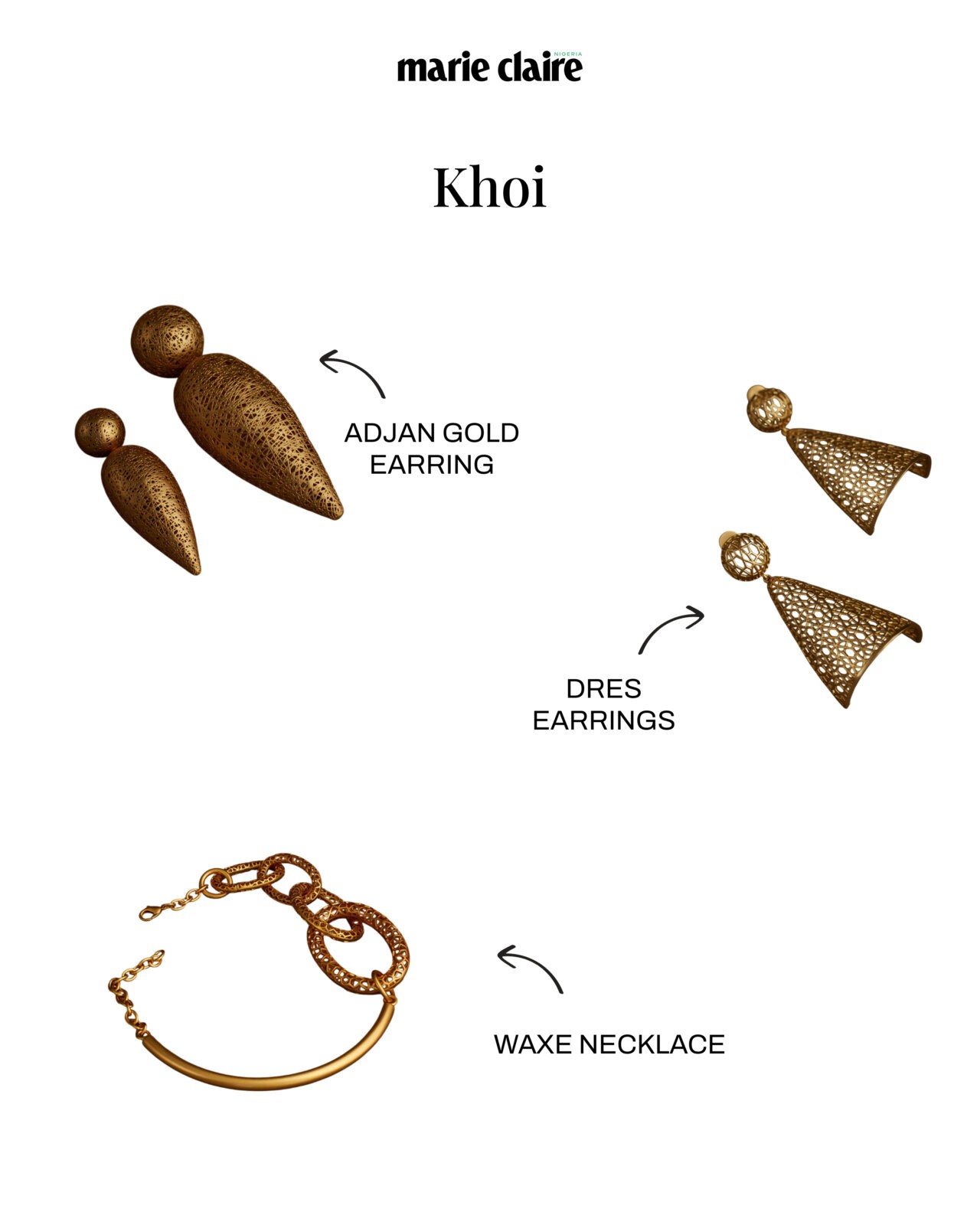 Travel accessories - Adjan gold earrings. Dres earrings. Waxe necklace via shopkhoi.com 