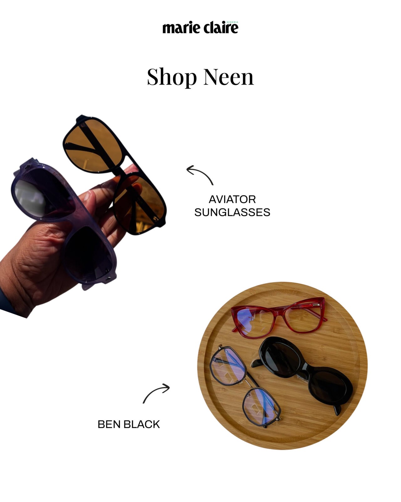 Aviator sunglasses. Ben black via @shop.neen on Instagram