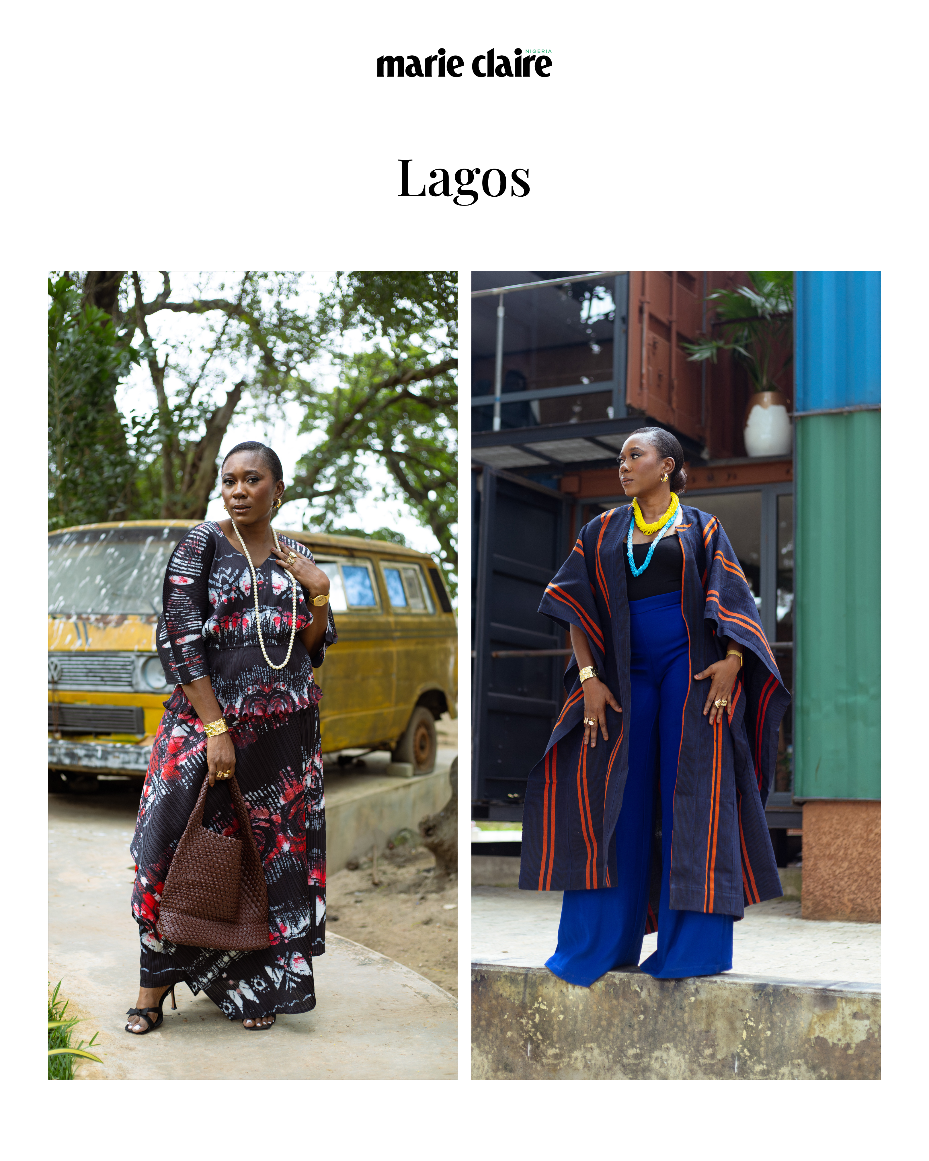 Fashion stylist, Rhoda Ebun, wearing Ako Africa Kimono Jacket and Tire Studios trousers. MOBOS fashion tie & dye wrap skirt for Marie Claire Nigeria’s African destinations travel look book.