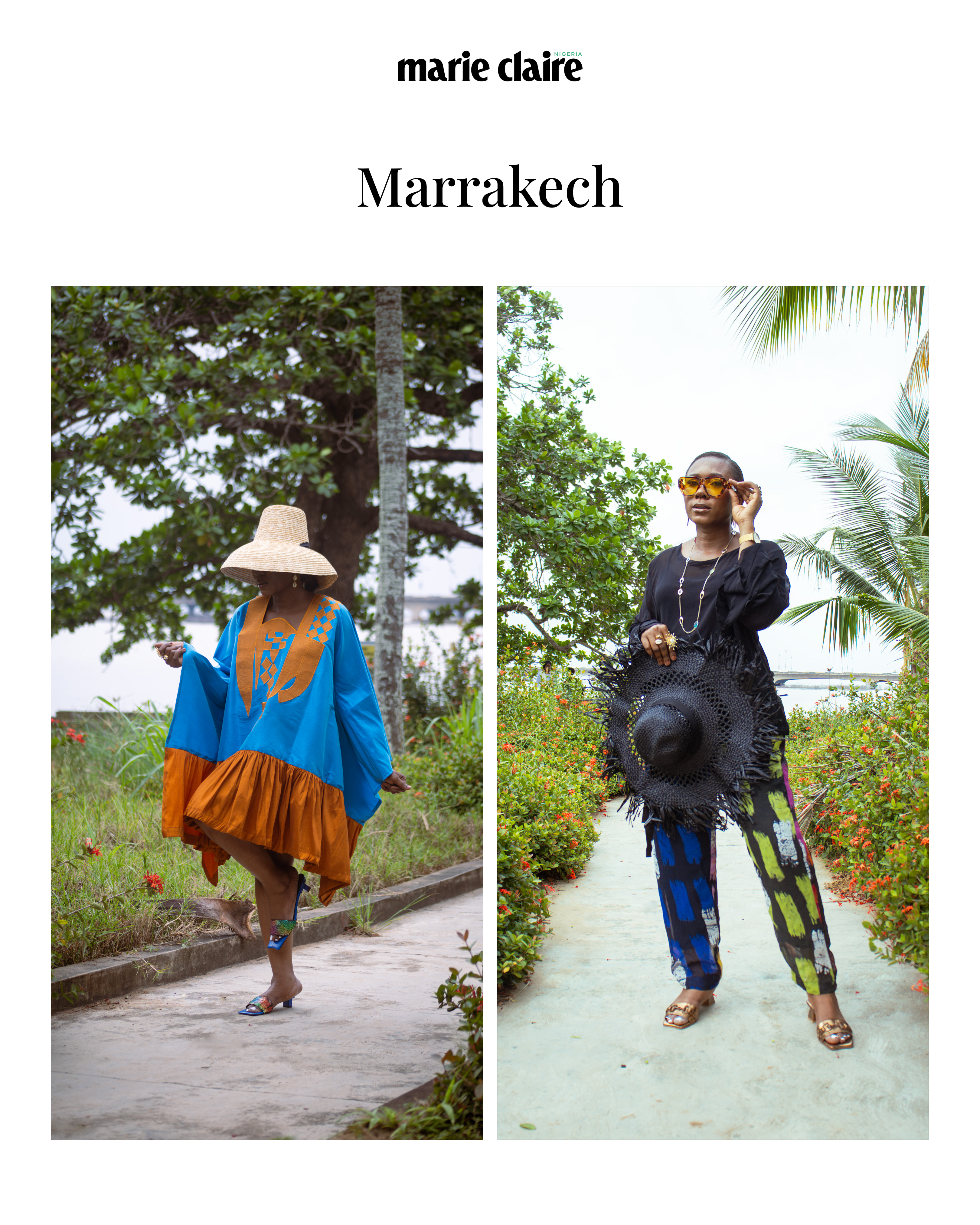 Fashion stylist, Rhoda Ebun, wearing Ako Africa mini kaftan dress. Amede sheer chiffon blouse and batik trousers for Marie Claire Nigeria’s African destinations travel look book.