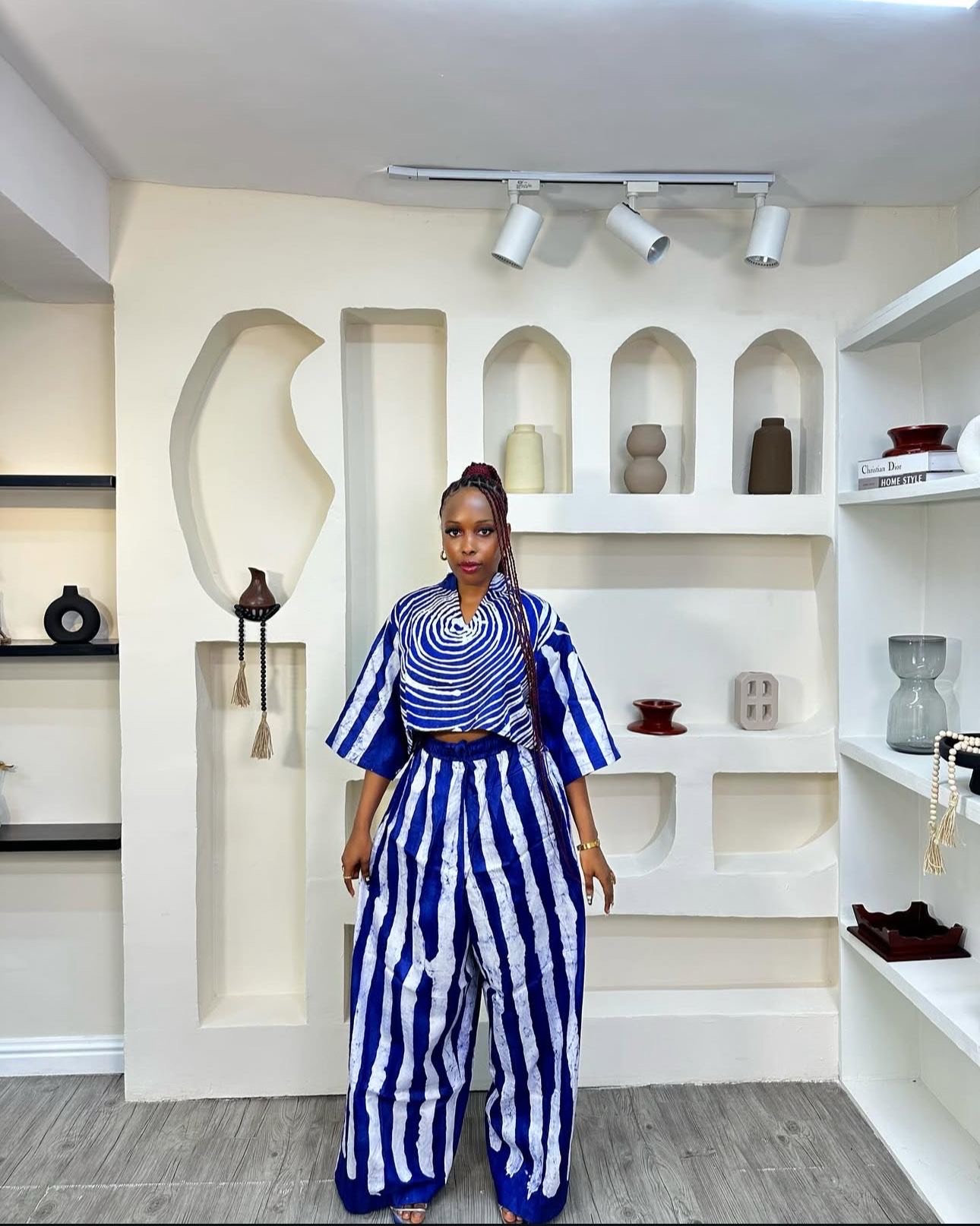 Everytindenim model in the Adire set in blue via Everytindenim.