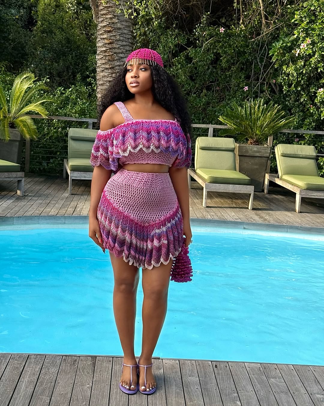 Summer outfits – Veekee James Atere strikes a pose by the pool in a crochet two-piece by Hooked by Lade via @veekee_james on Instagram
