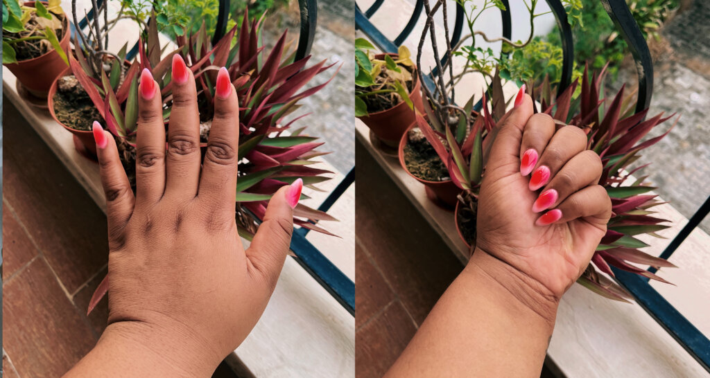 Almond-shaped sunset ombre nails via Denise Eseimokumoh