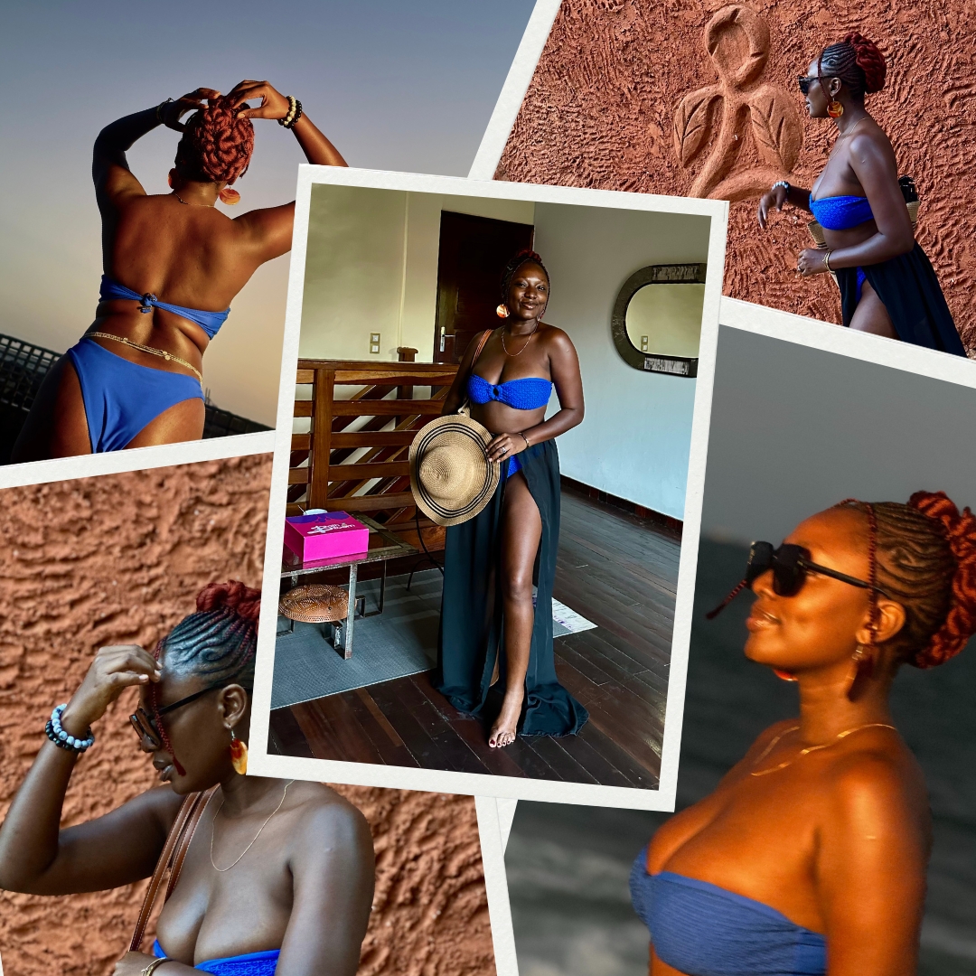 Wumi Tuase-Fosudo in a swimsuit on baecation at Marcelo Beach Hotel