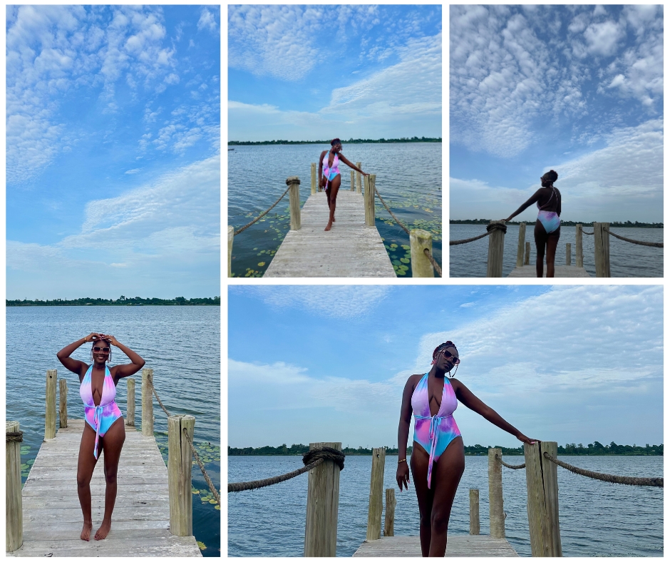 Wumi Tuase-Fosudo in a swimsuit at a Lake House in The Republic of Benin
