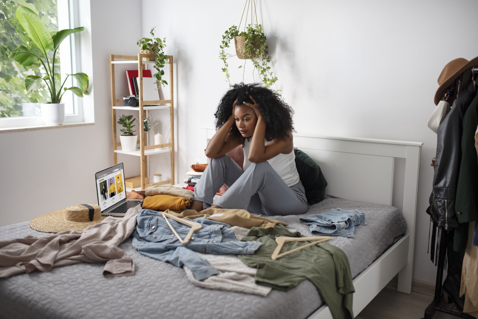 A distressed black woman packing for a trip, sitting on a bed with clothes scattered on it via Freepik
