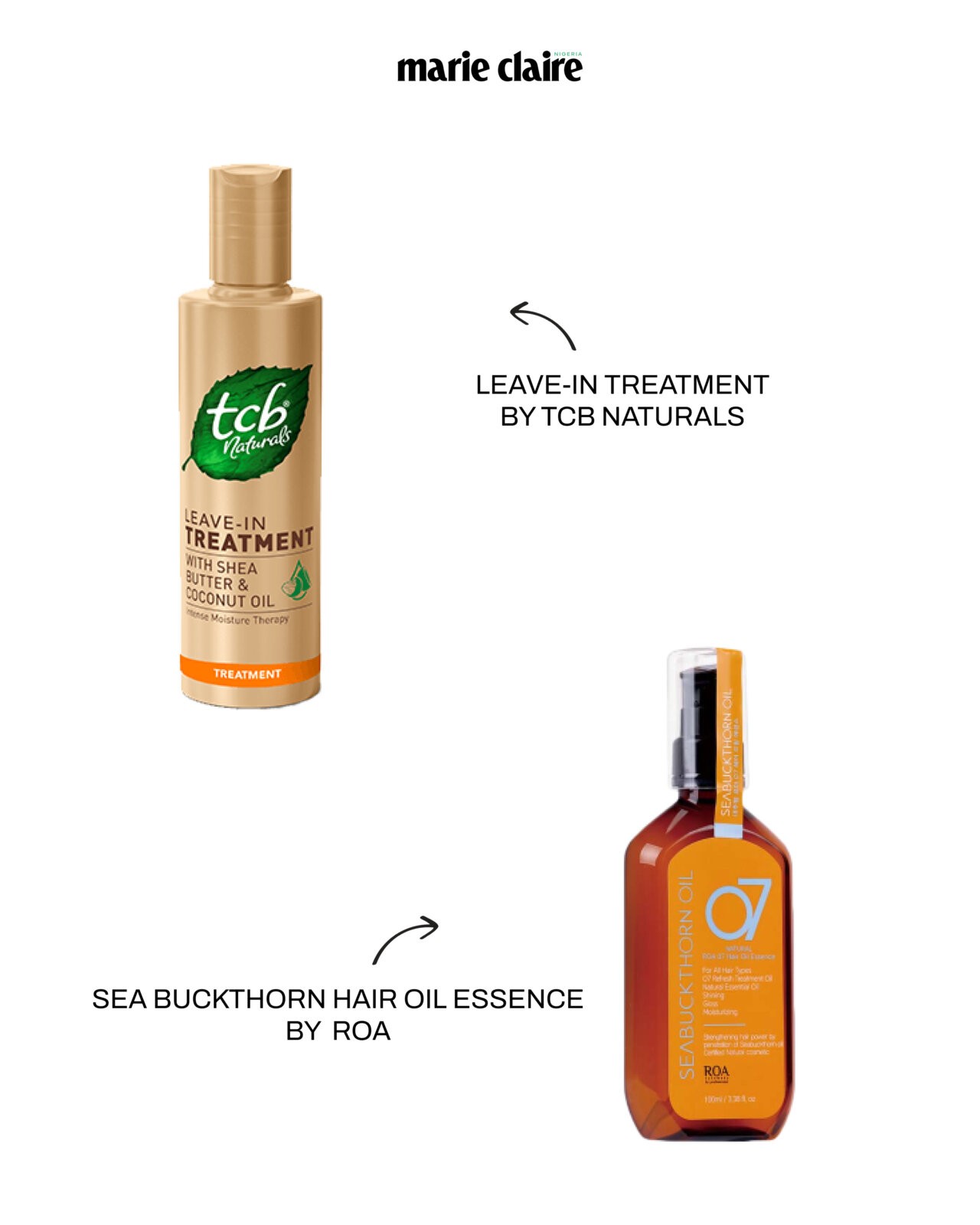 ROA Sea Buckthorn Hair Oil Essence via mylabafrica.com. TCB Naturals Leave-In Treatment via tcbnaturals.com.