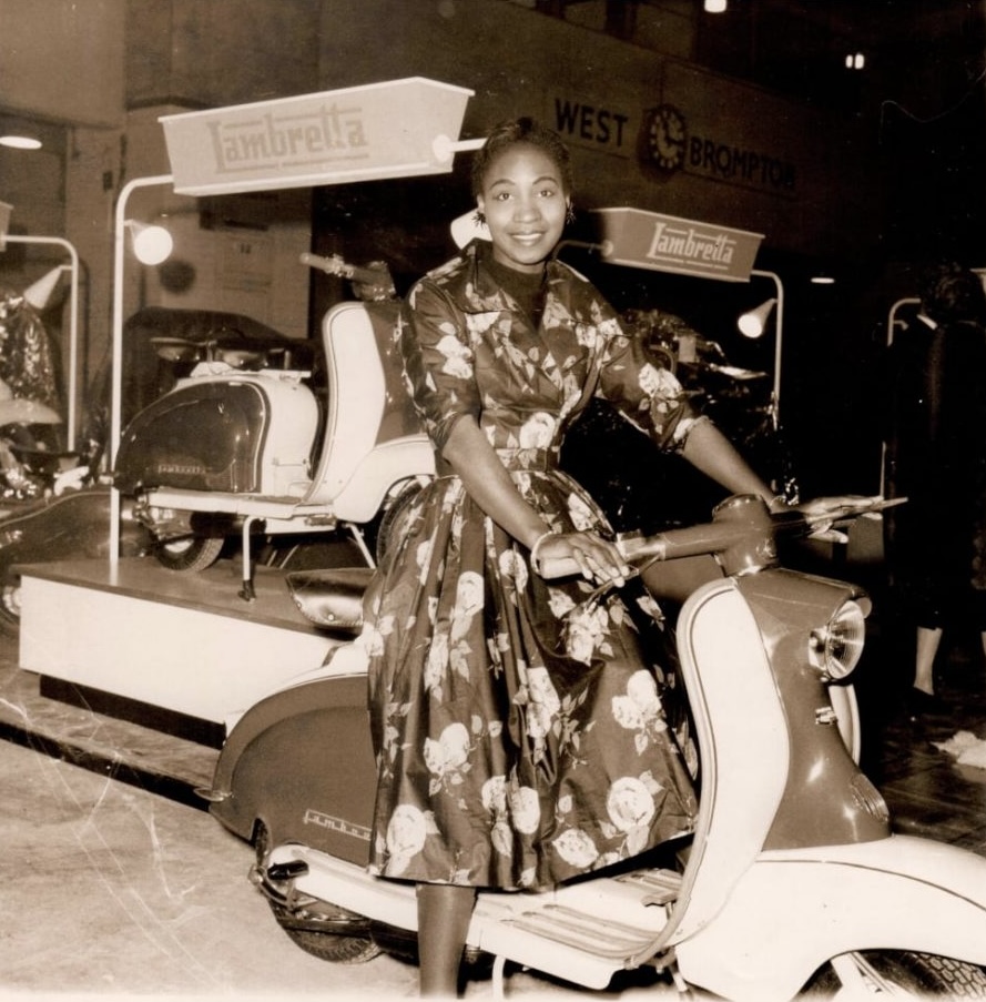 Shade Thomas-Fahm at 1957 London Earl’s Court Motorboat show via @officialshadethomasfahm on Instagram