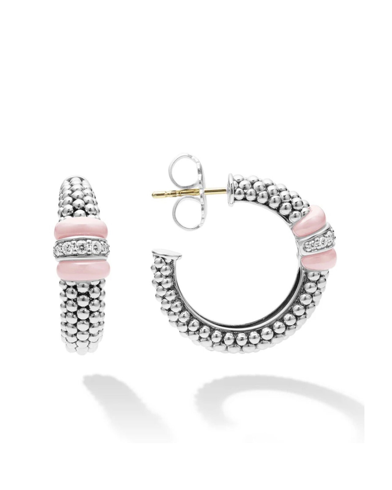 Pink Caviar diamond hoop earrings via lagos.com