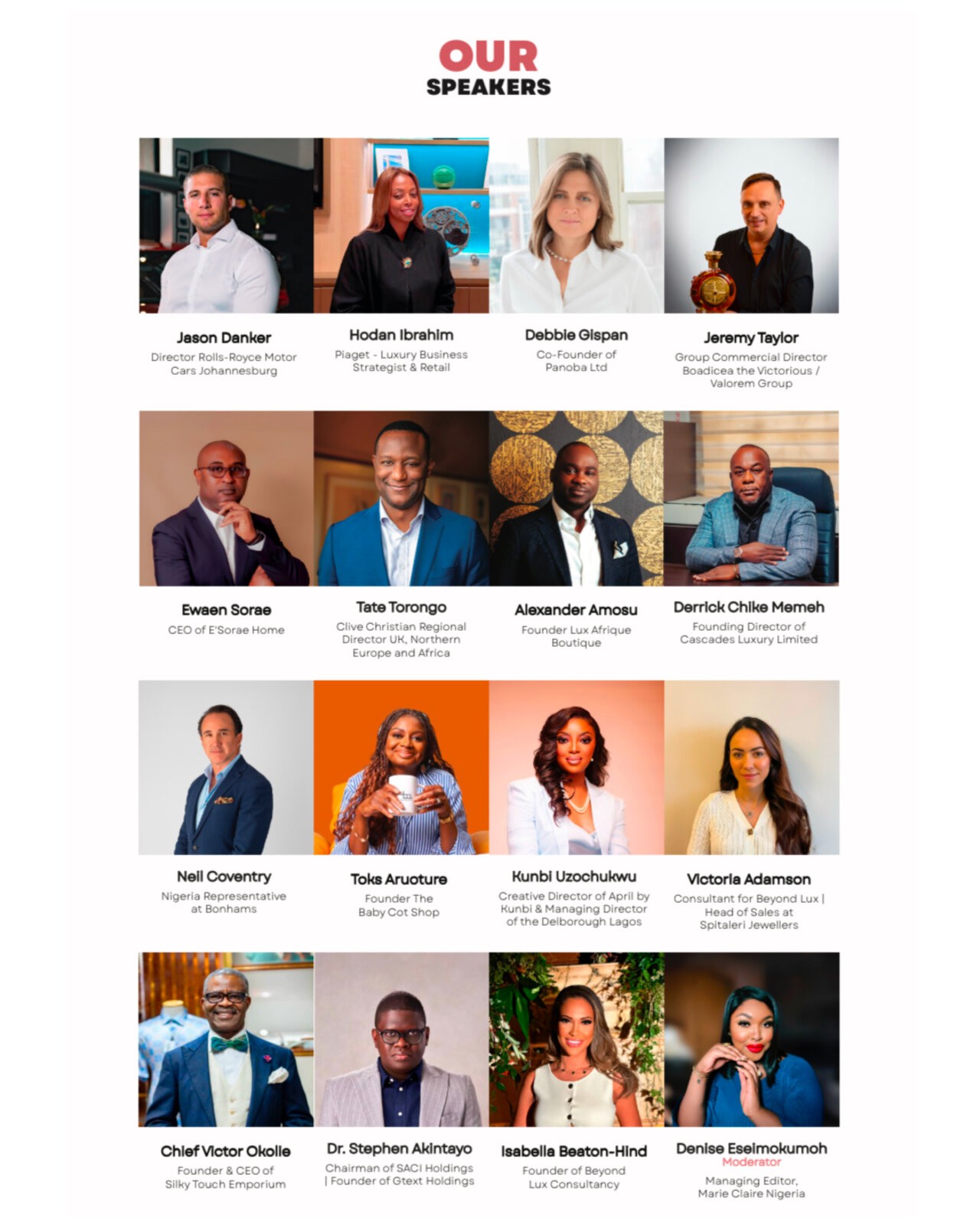 A List of moderators for the Expo via Lux Afrique like Denise Acting Managing editor for Marie Claire