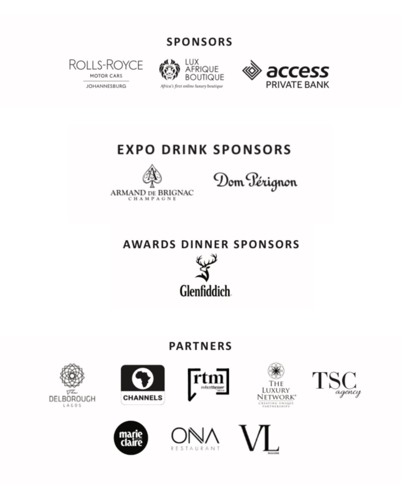 A list of sponsors for the expo like Access Bank and Rolls-Royce via Lux Afrique