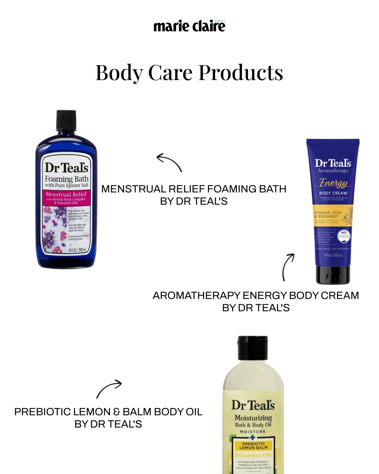Period care routine body products - Dr Teal's Menstrual Relief Foaming Bath. Dr Teal’s Moisturizing Bath & Body Oil with Prebiotic Lemon Balm. Dr Teal’s Aromatherapy Energy Body Cream.