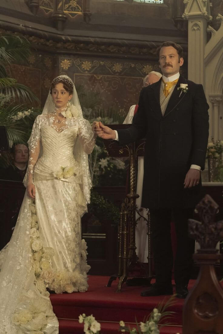 Portrait of fictional characters Gladys and the Duke of Buckingham at their wedding from “The Gilded Age” via @thegildedagehbo on Instagram