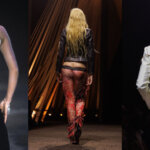 Model wearing bumster pants for Alexander McQueen SS94, Alex Consani in bumster pants for Alexander McQueen SS26 and Model in bumster pants for Alexander McQueen SS26