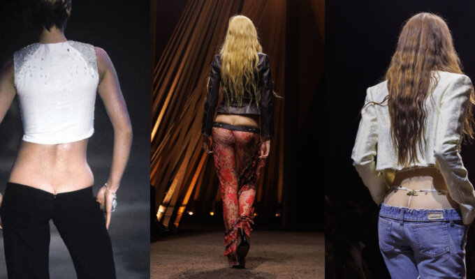 Model wearing bumster pants for Alexander McQueen SS94, Alex Consani in bumster pants for Alexander McQueen SS26 and Model in bumster pants for Alexander McQueen SS26