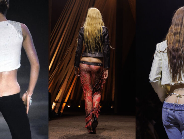 Model wearing bumster pants for Alexander McQueen SS94, Alex Consani in bumster pants for Alexander McQueen SS26 and Model in bumster pants for Alexander McQueen SS26