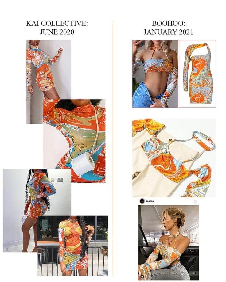 Comparison of Kai Collective’s Gaia design and Boohoo’s imitation of the design by BellaNaija Style via Pinterest