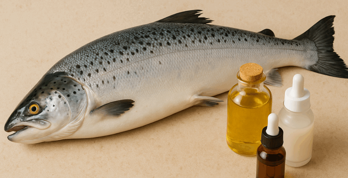 A whole fresh salmon lies on a beige textured surface beside three skincare bottles — one filled with golden oil, one small amber dropper bottle, and one frosted white serum bottle. The fish is positioned diagonally, with its scales glistening under soft lighting.