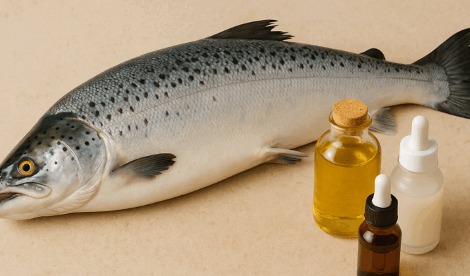 A whole fresh salmon lies on a beige textured surface beside three skincare bottles — one filled with golden oil, one small amber dropper bottle, and one frosted white serum bottle. The fish is positioned diagonally, with its scales glistening under soft lighting.