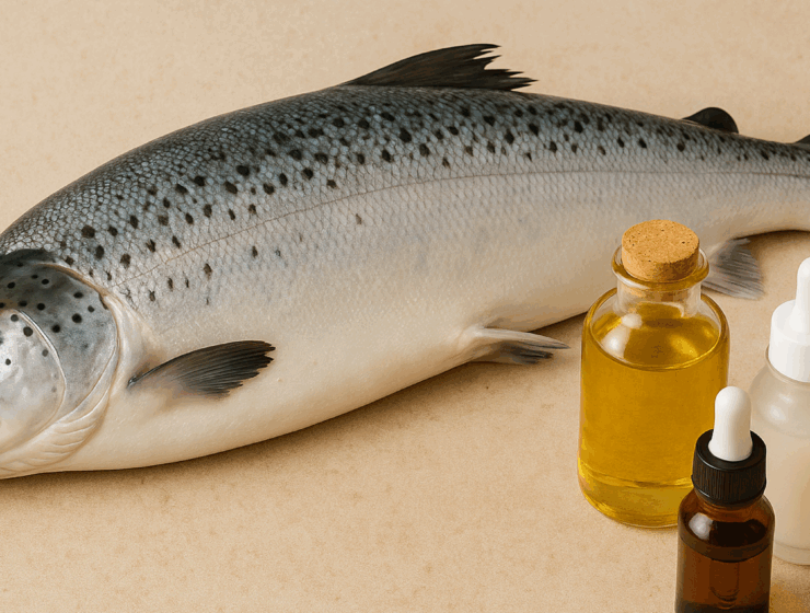 A whole fresh salmon lies on a beige textured surface beside three skincare bottles — one filled with golden oil, one small amber dropper bottle, and one frosted white serum bottle. The fish is positioned diagonally, with its scales glistening under soft lighting.