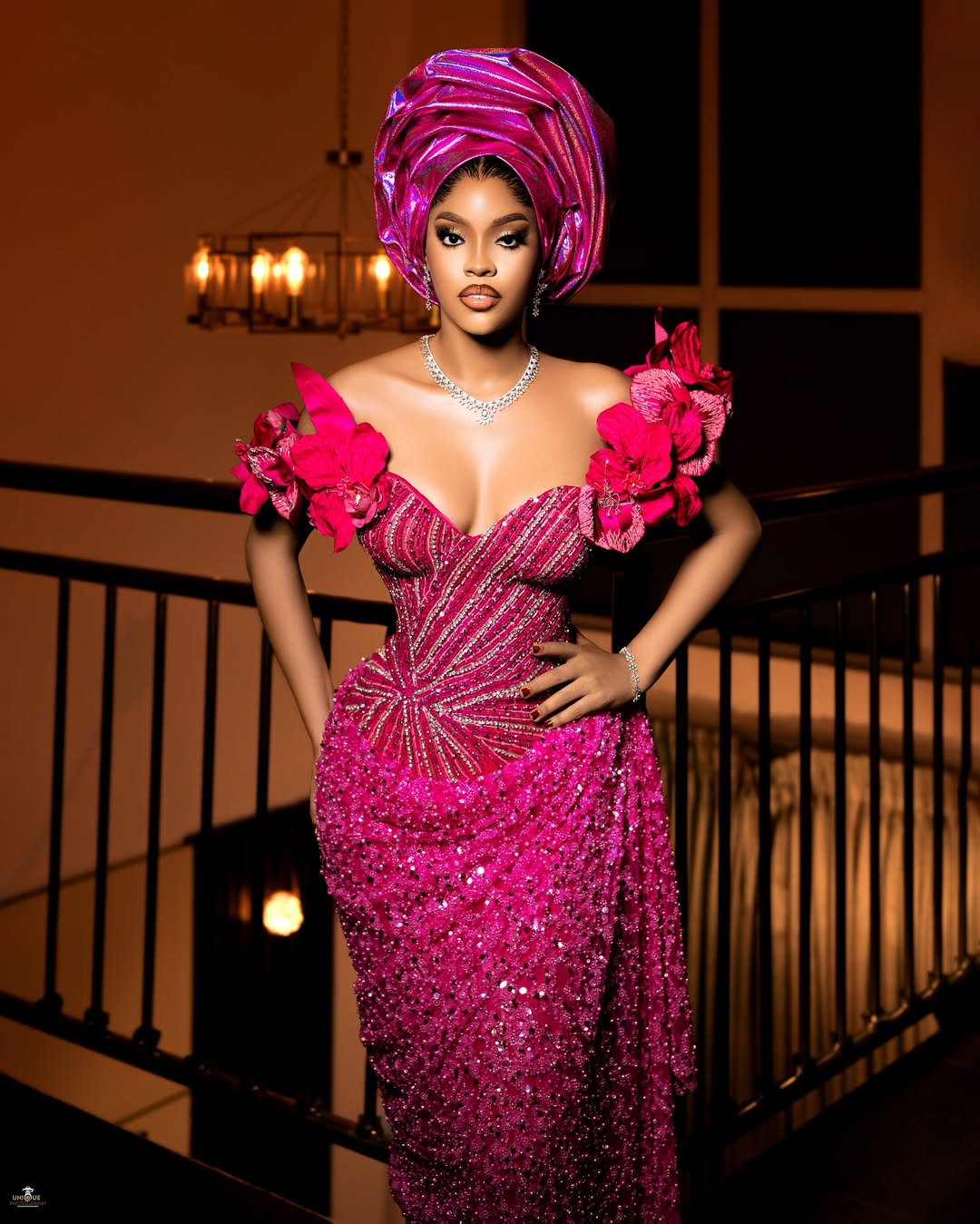  Beautiful hot pink beaded lace dress