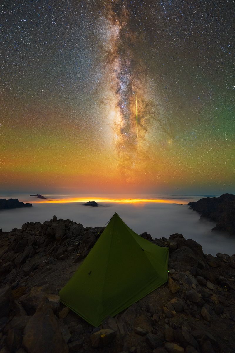 via lattea, tenda, la palma canarie, nebbia
