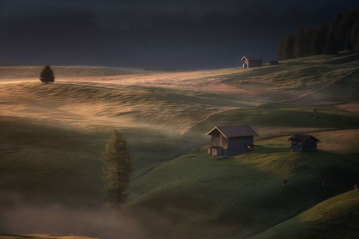 alba sulle dolomiti, casetta, alberi prati