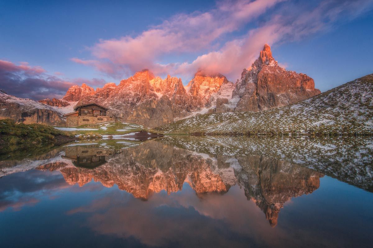 tramonto baita segantini pale di san martino viaggio fotografico dolomiti