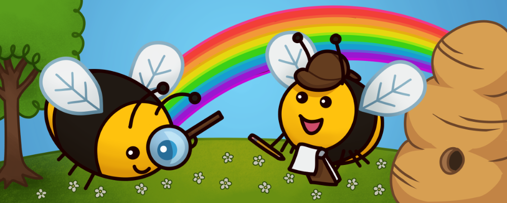 Art by Elaine Brank: Detective bumblebees in front of rainbow next to hive and tree