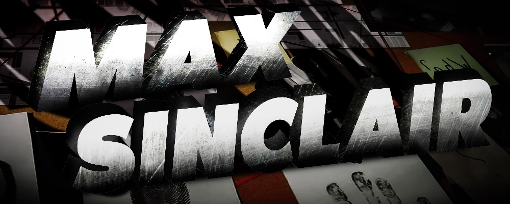 Gritty Noir Logo for the Murder of Max Sinclair, with forensic evidence in the background.