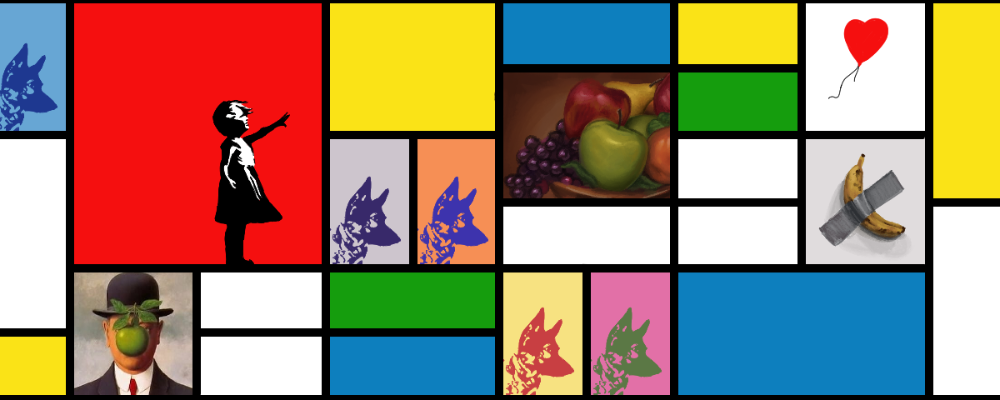 A modern art piece composed of brightly colored squares and rectangles separated by bold black lines. Inside of these squares are images of dogs in different colors, a banana duct taped to a wall, a still life painting of a fruit bowl, a girl holding her arm out to a lost balloon, and a portrait of a man with an apple in front of his face.