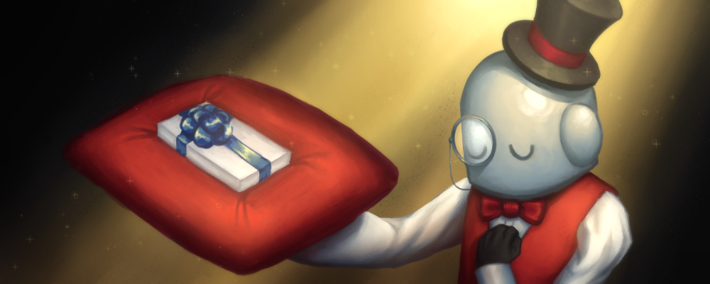 Art by Elaine Brank: Cecil the robot presenting a gift box on a red velvet pillow under a shining light