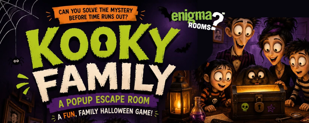 This is an image the logo for our Halloween themed game in Doncaster called 'Kooky Family'. There is the logo on the left, in green and white, and a cartoon image of a kooky family on the right looking into a chest that has a mysterious light coming out of it.
