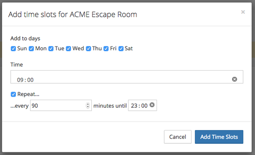 Add time slots for ACME Escape Room