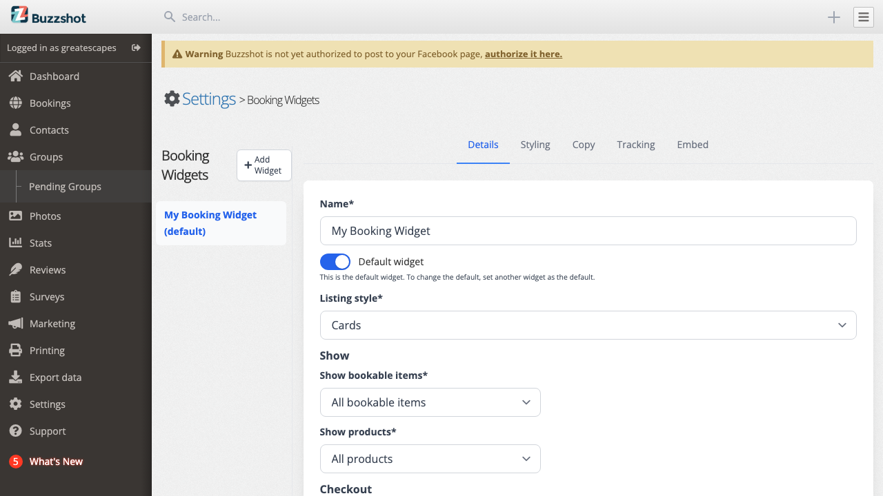 The widget Details tab with checkout and display settings