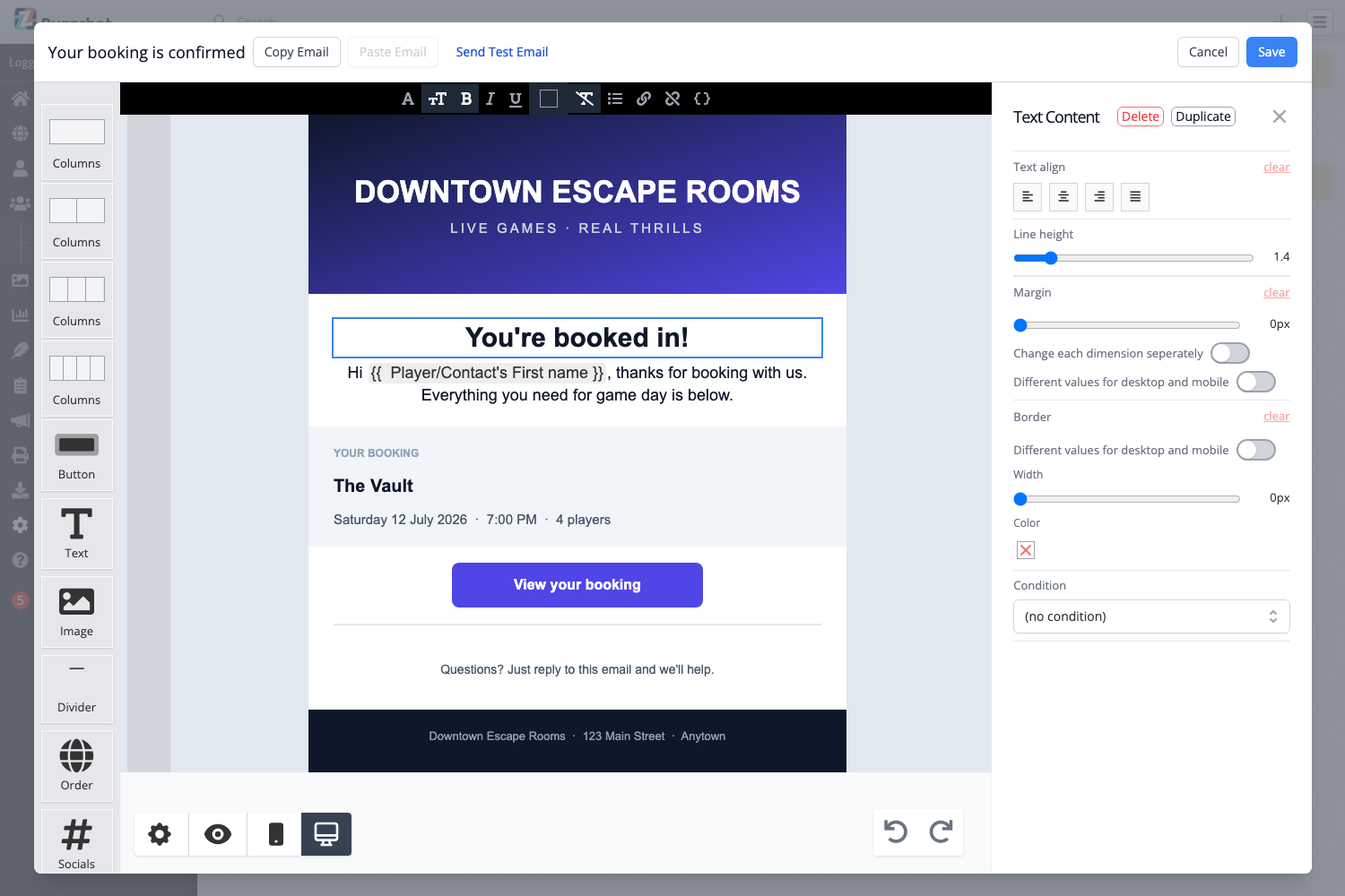 The email editor with the palette on the left, the canvas in the middle, and the settings panel on the right showing a selected Text block