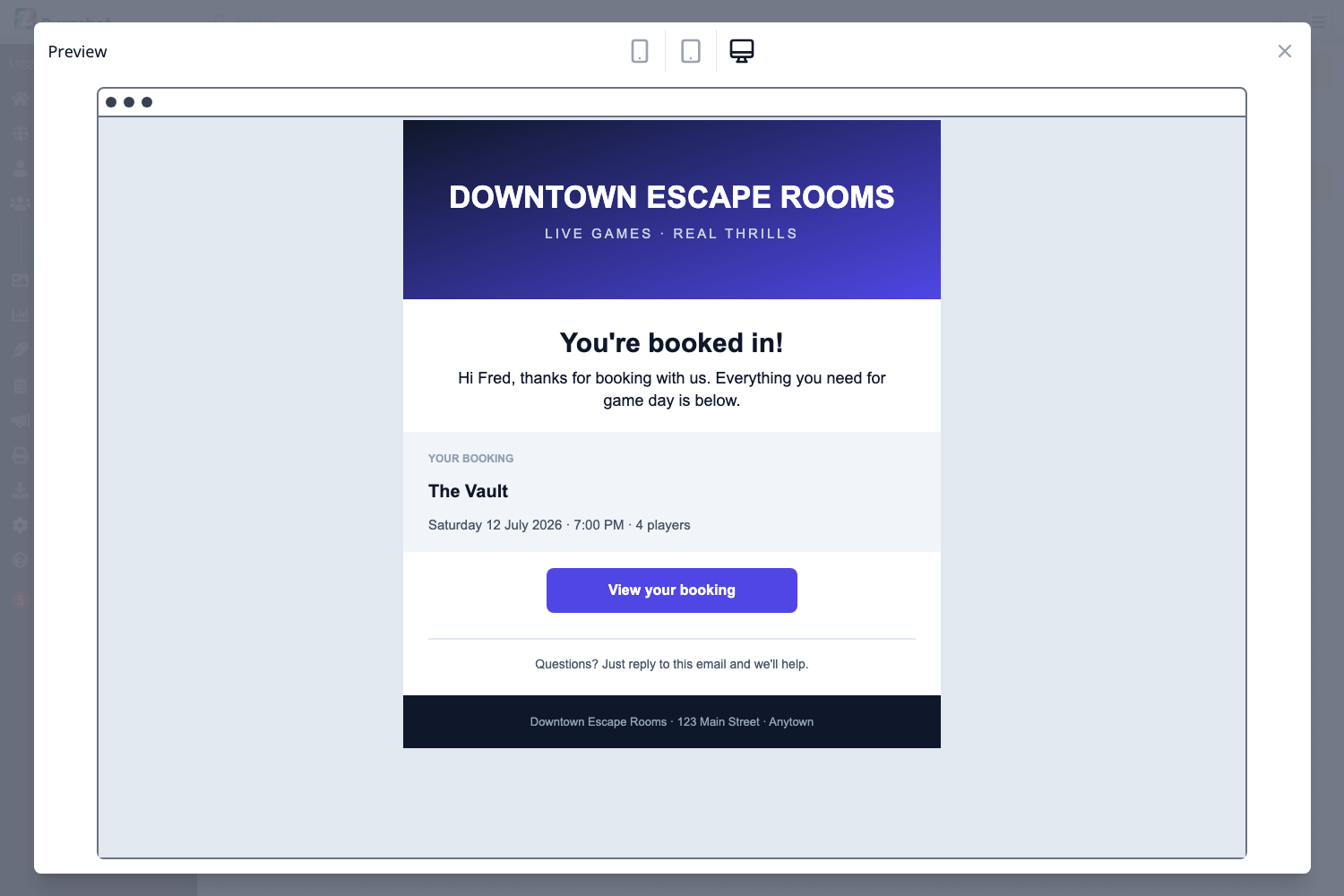 A finished branded email previewed in the editor