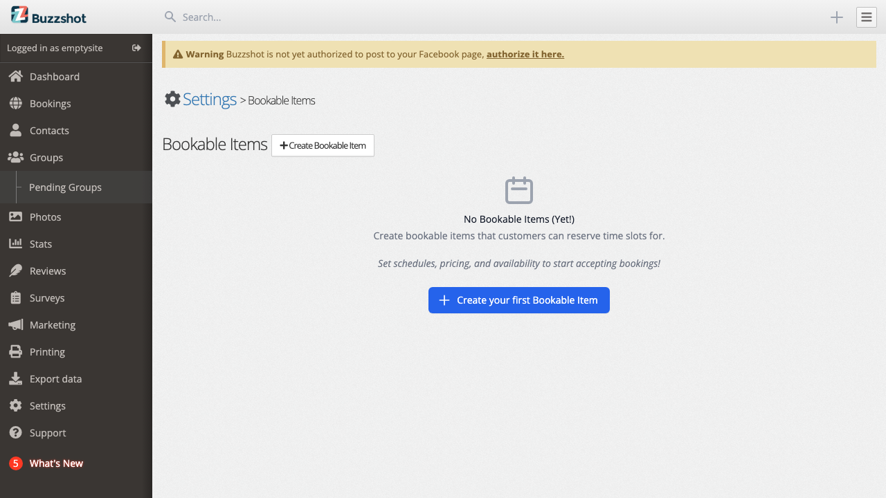 The empty state page when no bookable items have been created yet