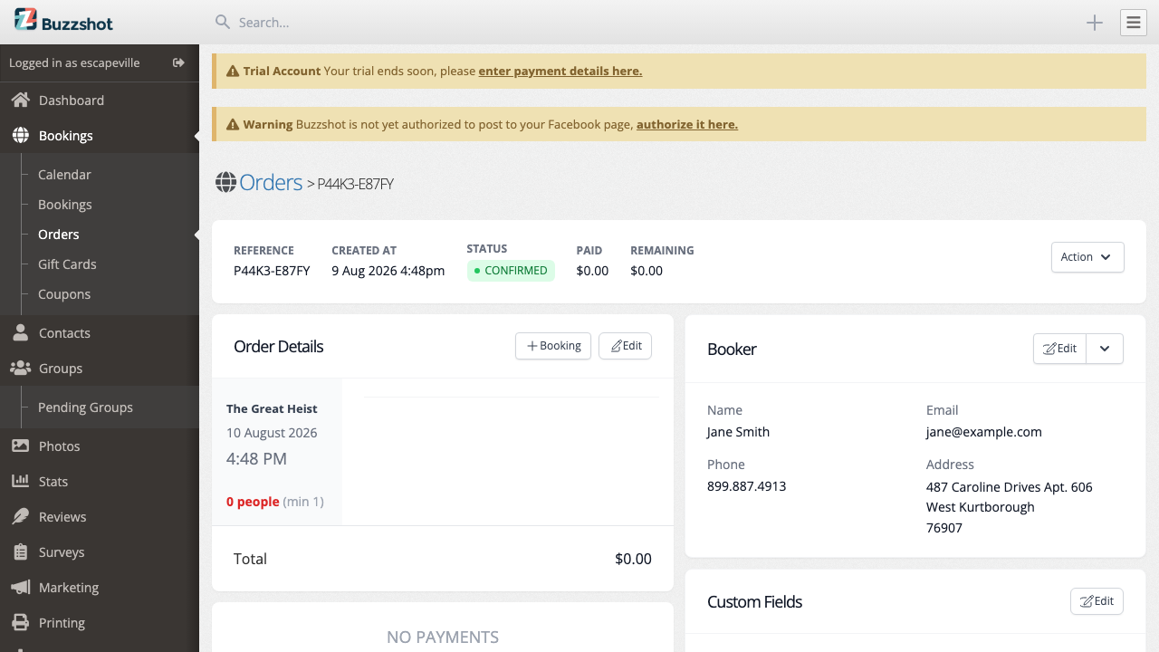 Custom field data displayed on the order details page