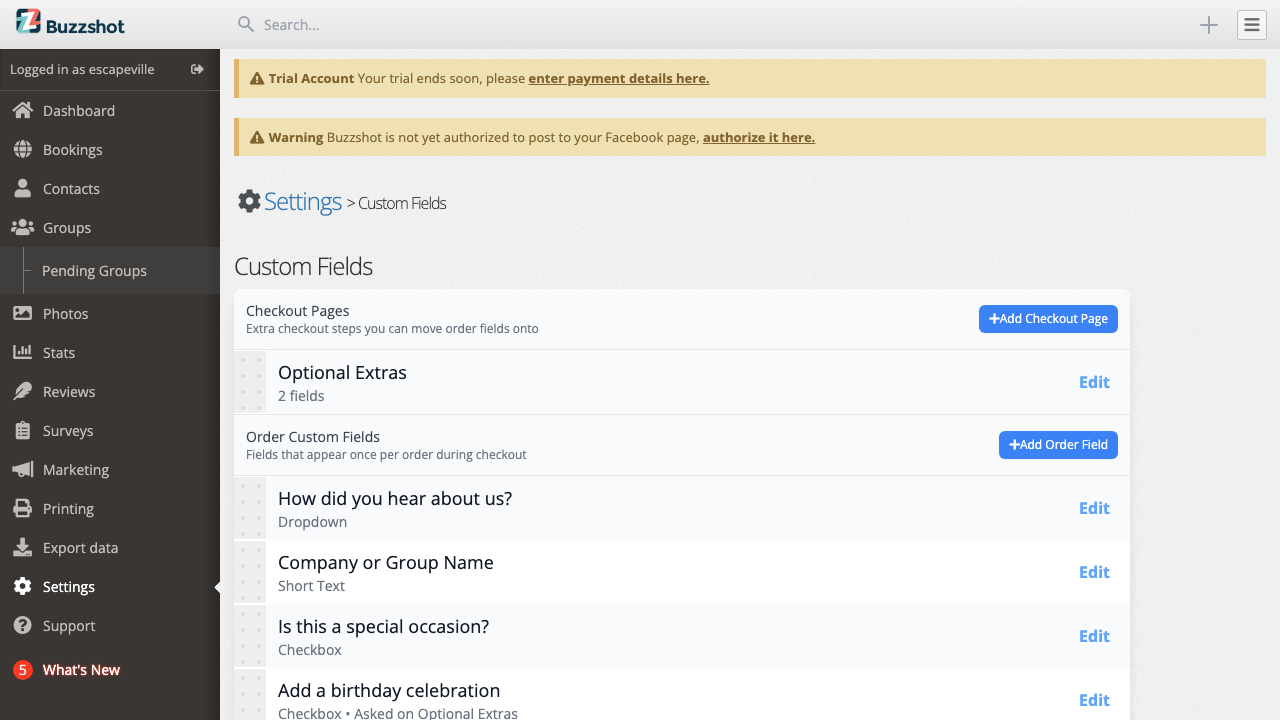 The Custom Fields list showing order and booking fields