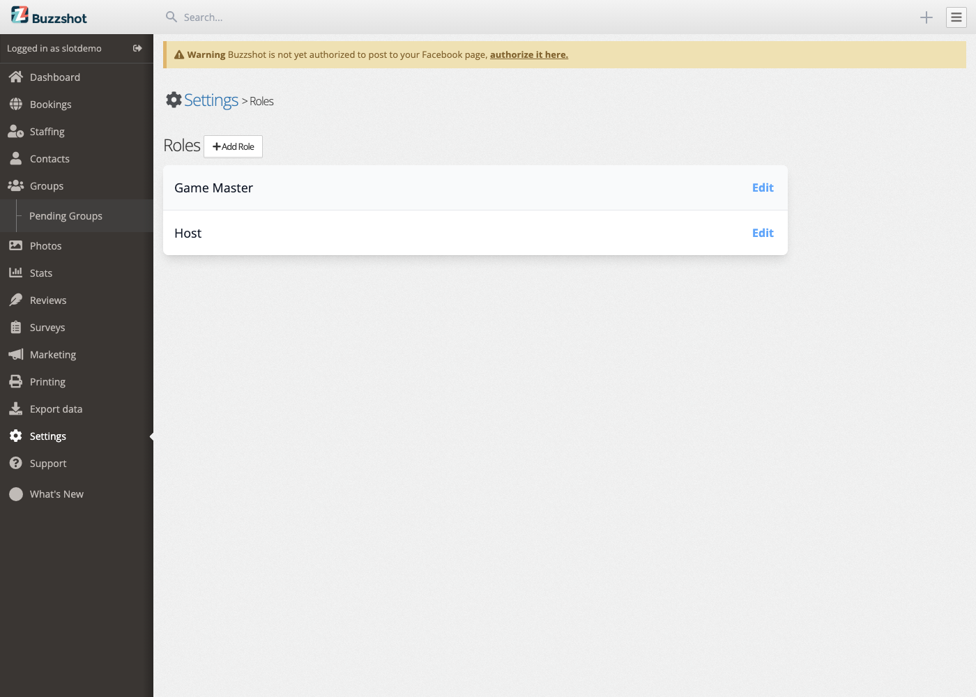 Roles list page