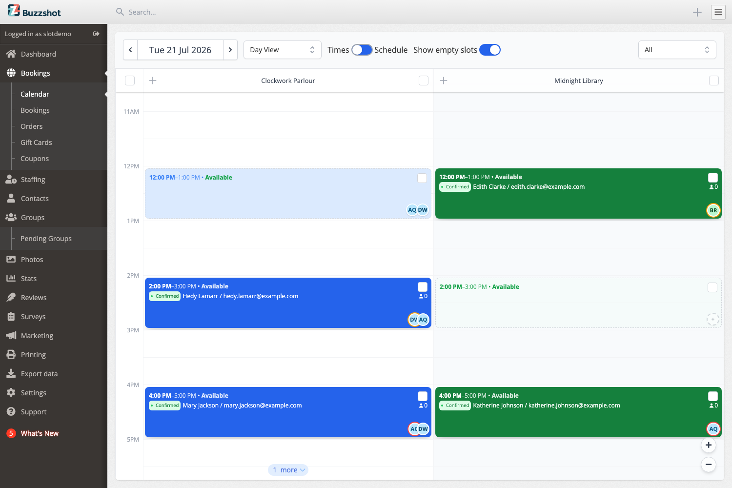 The calendar showing warning and blocker rings on staff avatars
