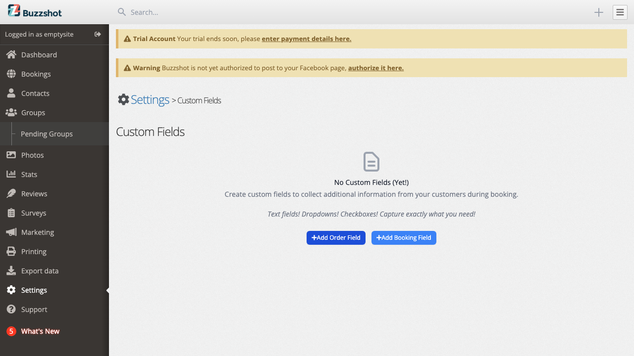 The Custom Fields page before any fields have been created