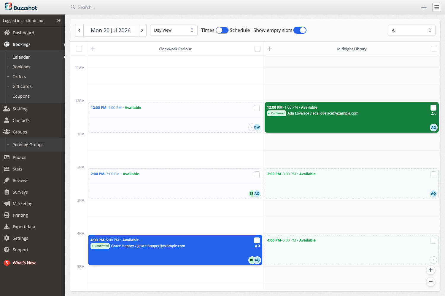 The bookings calendar showing staff avatars on each slot